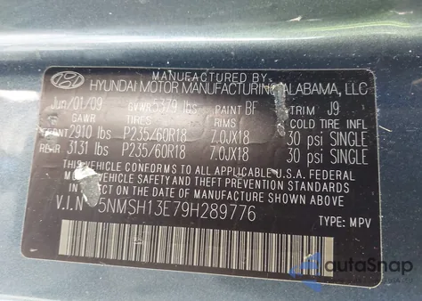 2009 Hyundai Santa Fe Limited from USA, damaged, VIN 5NMSH13E79H289776